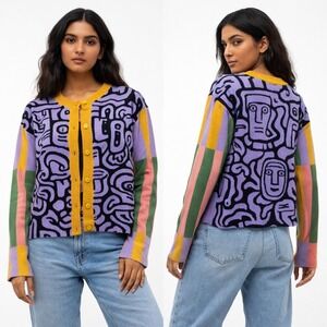 OXKNIT Womens XXL Abstract Faces Graphic Cardigan Art Retro Streetwear Dopamine